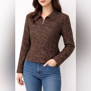 Joseph Ribkoff Brown Embroidered Blazer Jacket Size 14 Textured Zip Front